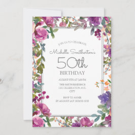 Invitación Elegante Floral Acuarela Morada Cumpleaños 50