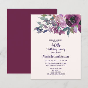 Invitación Elegante Floral Acuarela Morado Cumpleaños 40