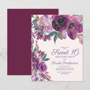 Invitación Elegante Floral Acuarela Morado Dulces 16 Niñas