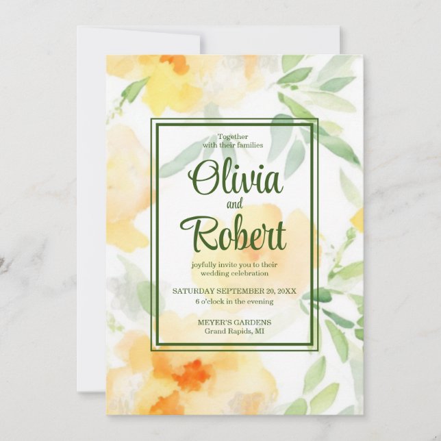 Invitación Elegante floral acuarela naranja amarillo para Bod (Anverso)
