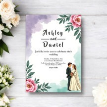 Elegante Floral Acuarela Novia Y Novio Boda