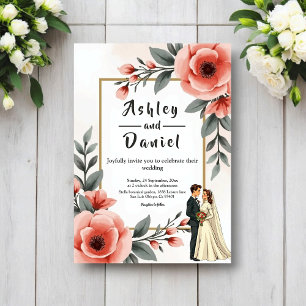 Invitación Elegante Floral Acuarela Novia Y Novio Boda