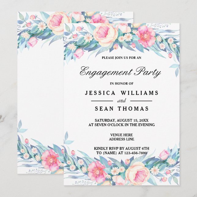 Invitación Elegante floral acuarela para compromiso (Anverso / Reverso)