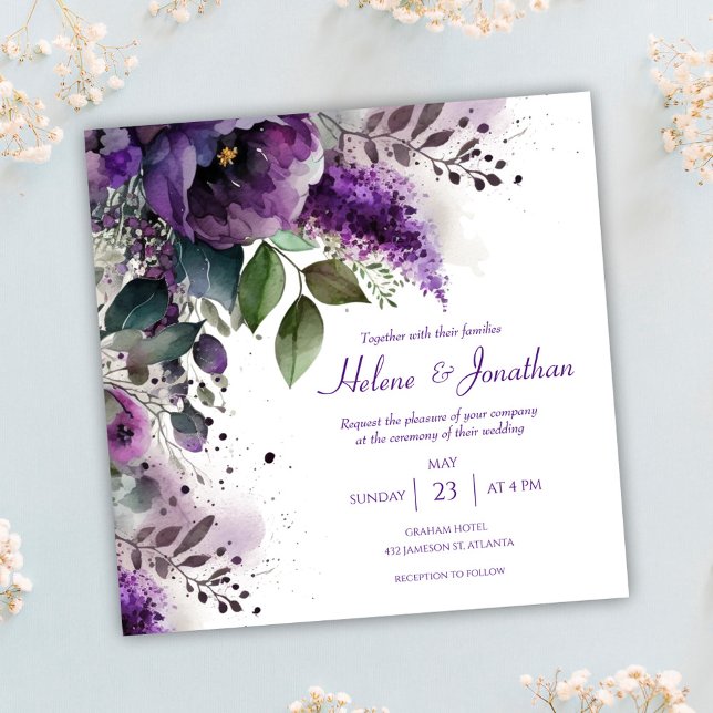 Invitación Elegante Floral acuarela Purple Boho Boda (Elegant Floral Watercolor Purple Boho Wedding Invitation)