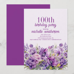 Invitación Elegante Floral Acuarela Púrpura Cumpleaños 100