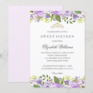 Invitación Elegante Floral Acuarela Púrpura Cumpleaños Diecis