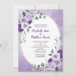Invitación Elegante Floral Acuarela Púrpura Dorado Oval Boda