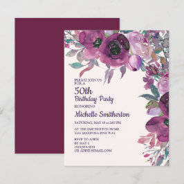 Invitación Elegante floral acuarela púrpura para 50 cumpleaño
