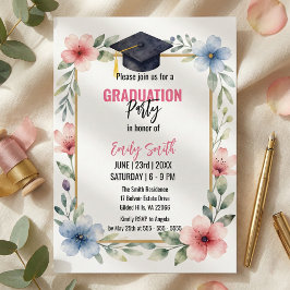 Invitación Elegante Floral Acuarela Rosa Azul Graduación
