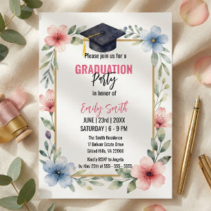Invitación Elegante Floral Acuarela Rosa Azul Graduación