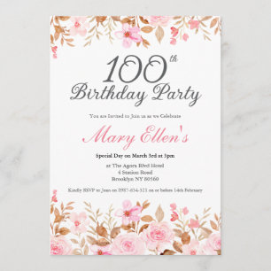 Invitación Elegante floral acuarela rosa cumpleaños 100