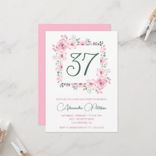 Invitación Elegante Floral Acuarela Rosa cumpleaños 37 