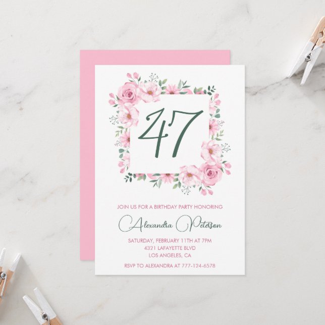 Invitación Elegante floral acuarela rosa cumpleaños 47  (Anverso/Reverso In Situ)