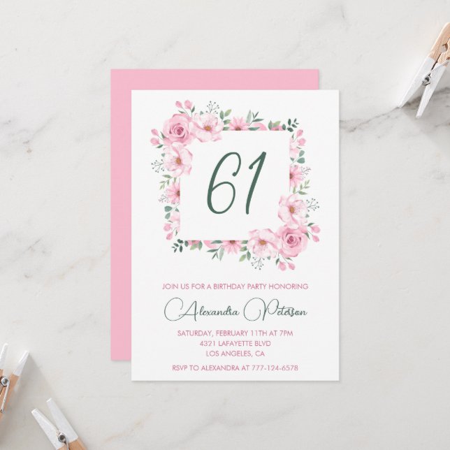 Invitación Elegante floral acuarela rosa cumpleaños 61  (Anverso/Reverso In Situ)
