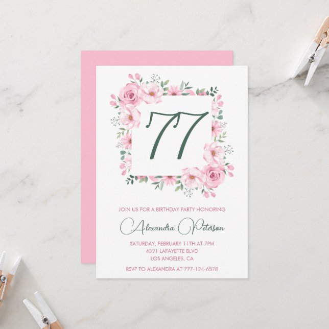 Invitación Elegante floral acuarela rosa cumpleaños 77 (Anverso/Reverso In Situ)