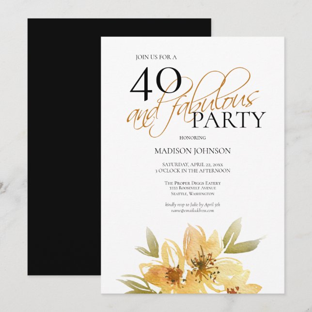 Invitación Elegante floral amarilla 40 y fabuloso cumpleaños (Anverso / Reverso)