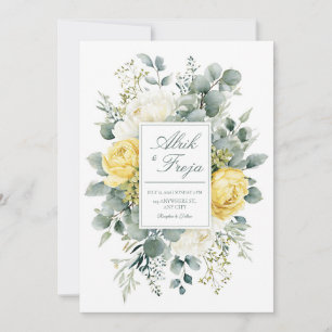 Invitación Elegante Floral Amarillo Blanco Eucalipto Acuarela