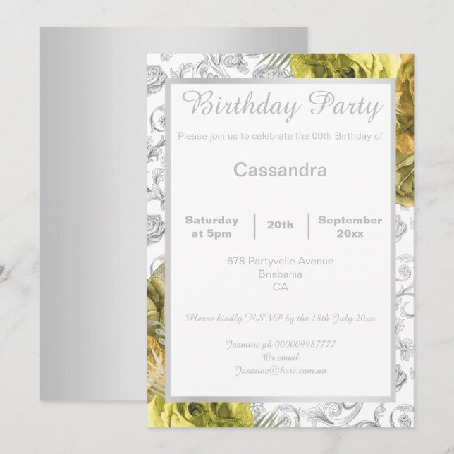 INVITACIÓN ELEGANTE FLORAL AMARILLO FRONTERA DE PLATA CUMPLEA (Anverso / Reverso)