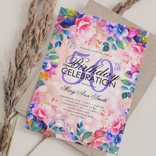Invitación Elegante floral arcoiris Rosa de oro de 50 años