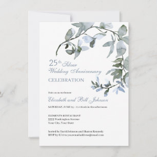 Invitación Elegante Floral Azul 25 Aniversario de Boda