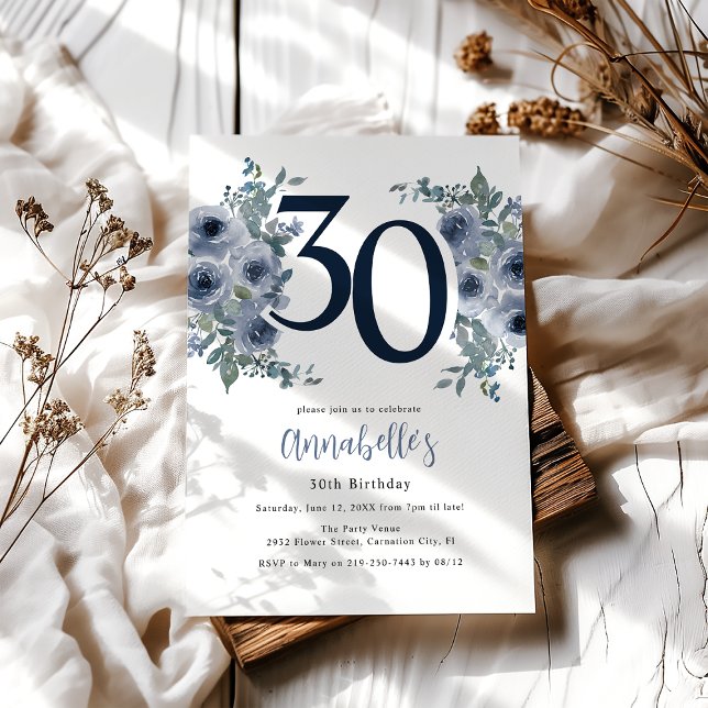 Invitación Elegante Floral Azul 30 cumpleaños (Subido por el creador)