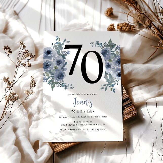 Invitación Elegante Floral Azul 70 cumpleaños (Subido por el creador)