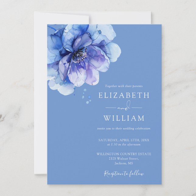 Invitación Elegante Floral Azul Acuarela Todo En Un Boda (Anverso)