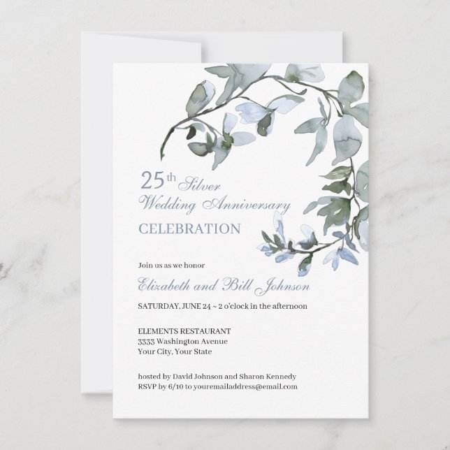 Invitación Elegante Floral Azul Aniversario de Bodas de 25 Añ (Anverso)