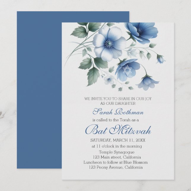 Invitación Elegante Floral Azul Chica Bat Mitzvah (Anverso / Reverso)