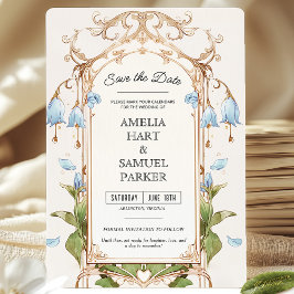 Invitación Elegante floral azul claro y dorado salva la fecha