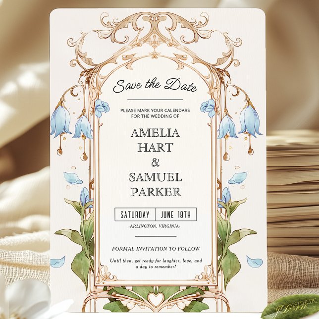 Invitación Elegante floral azul claro y dorado salva la fecha (Subido por el creador)