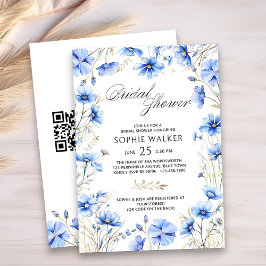 Invitación Elegante Floral Azul Código QR Ducha Bridal