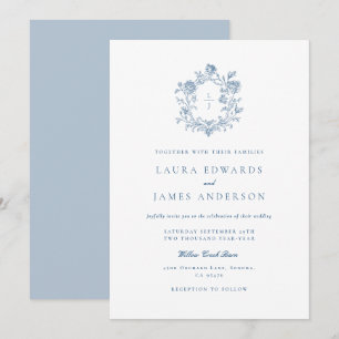 Invitación Elegante Floral Azul Cresta Rayas Atrás Boda
