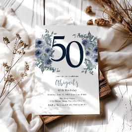 Invitación Elegante Floral Azul Cumpleaños 50