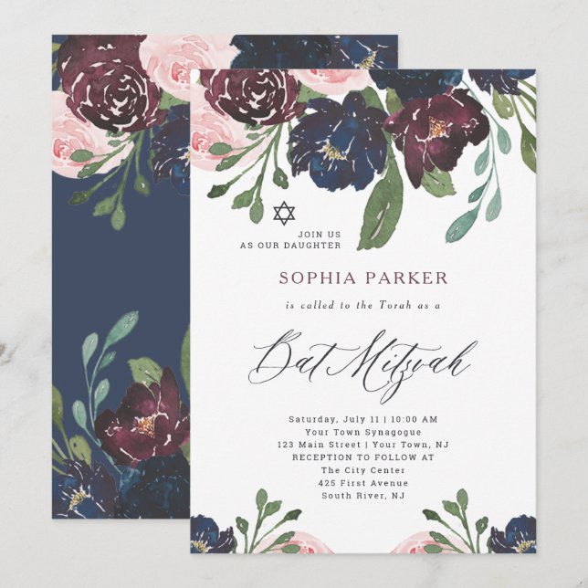 Invitación Elegante floral azul de la marina y ciruela | Bat  (Anverso / Reverso)