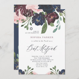 Invitación Elegante floral azul de la marina y ciruela | Bat
