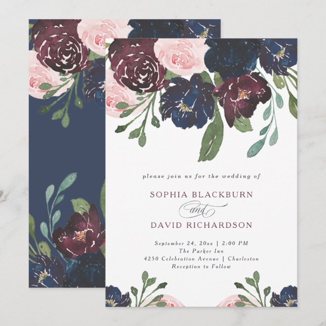 Invitación Elegante floral azul de la marina y ciruela | BODA (Anverso / Reverso)