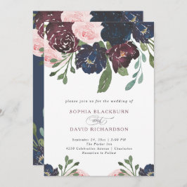 Invitación Elegante floral azul de la marina y ciruela | BODA