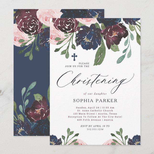 Invitación Elegante floral azul de la marina y ciruela | Cris (Anverso / Reverso)