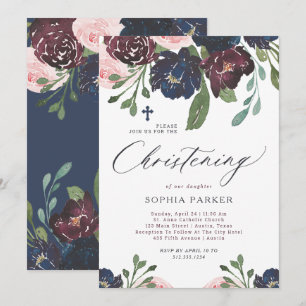 Invitación Elegante floral azul de la marina y ciruela   Cris