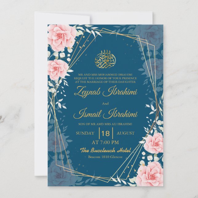 Invitación Elegante Floral Azul Dorado Boda Musulmana Islámic (Anverso)
