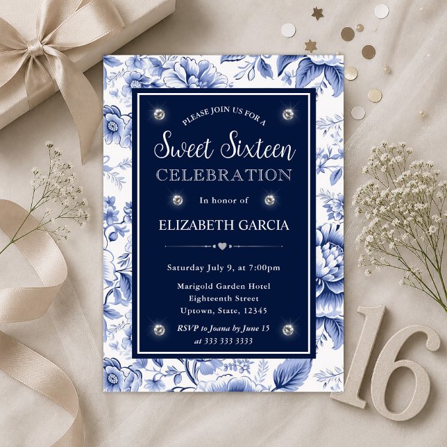 Invitación Elegante Floral Azul Dulces Dieciséis (Subido por el creador)