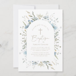 Invitación Elegante Floral Azul Dusty Con Bautismo Script