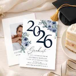 Invitación Elegante Floral Azul Graduación Foto 2026