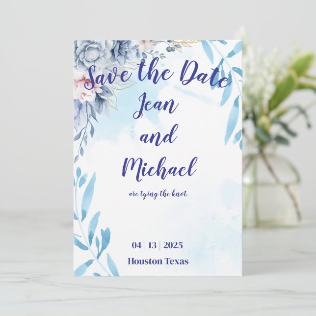 Invitación Elegante Floral Azul Guardar la fecha (Anverso de pie)