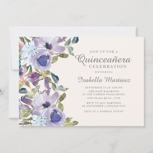 Invitación Elegante Floral Azul Lilac Azul Quinceañera horizo (Anverso)