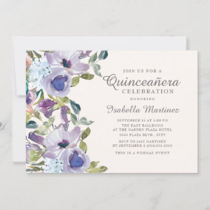Invitación Elegante Floral Azul Lilac Azul Quinceañera horizo