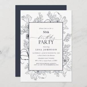 Invitación Elegante floral azul marino 50 cumpleaños