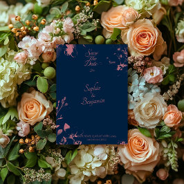 Invitación Elegante Floral Azul Marino y Rosa Dorado Avisa de
