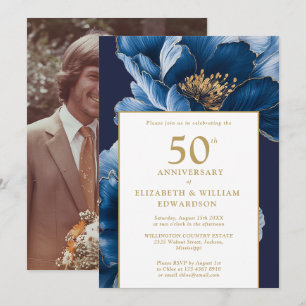 Invitación Elegante Floral Azul Moderno Fotografía de 50 Aniv